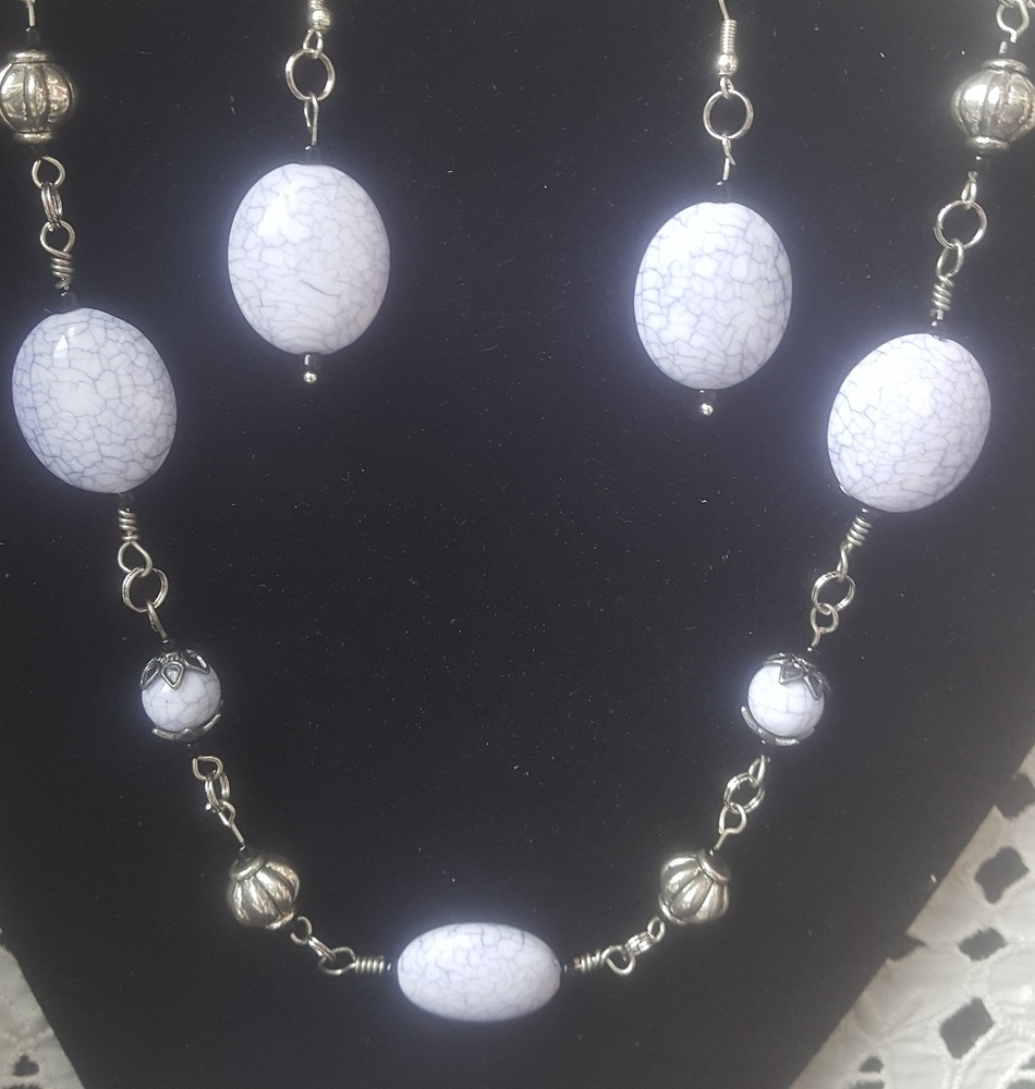 White Crackle Beaded Necklace and Earrings